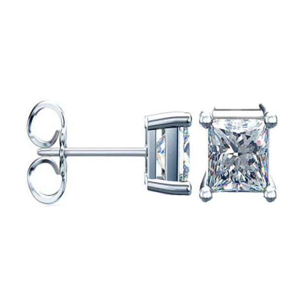 1.00 Carat (ctw) Princess Cut Diamond Solitaire Stud Earrings in 14K White Gold