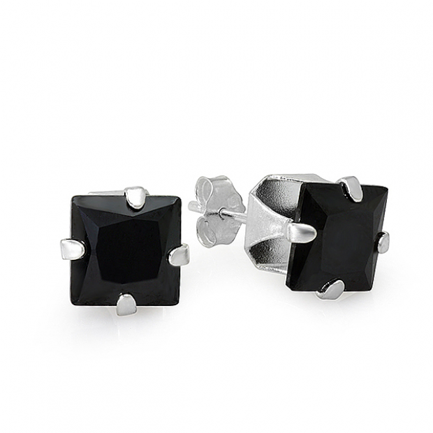 Sterling Silver 4mm Black CZ Square Stud Earrings