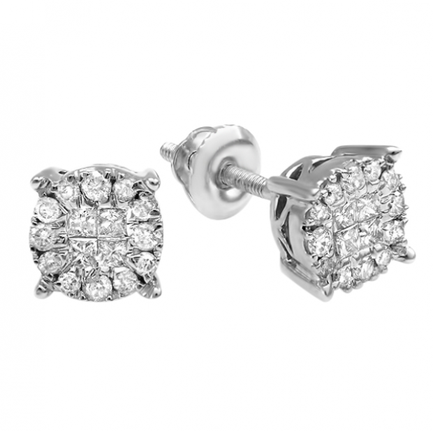 Princess & Round White Diamond Clusterd Screwback Stud Earrings for Women (0.25 ctw Color I-J Clarity I1-I2) in 14K White Gold