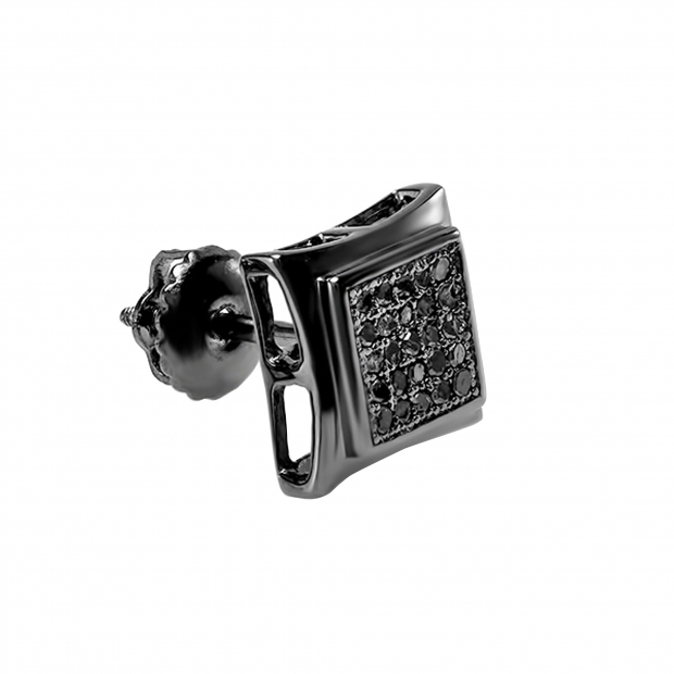 0.07 Carat (ctw) Round Black Diamond Kite Shape Mens Hip Hop Iced Stud Earring (Only 1Pc) Black Rhodium Plated Sterling Silver