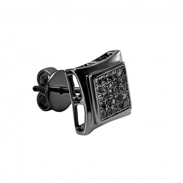 0.07 Carat (ctw) Round Black Diamond Kite Shape Mens Hip Hop Iced Stud Earring (Only 1Pc) Black Rhodium Plated Sterling Silver