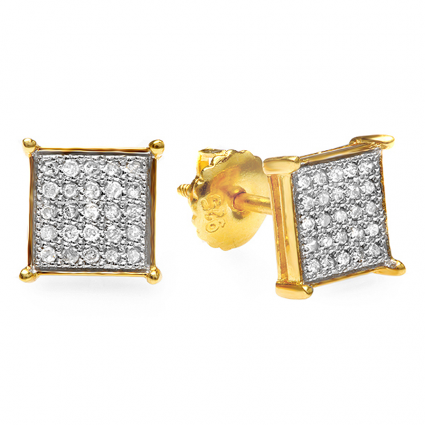 0.33 Carat (ctw) 18k Yellow Gold Plated Sterling Silver Round Diamond Square Shaped Iced Hip Hop Micro Pave Stud Earrings 1/3 CT