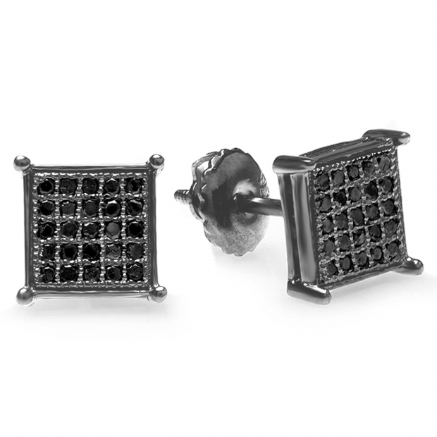 0.15 Carat (ctw) 14K Black Rhodium Plated White Gold Round Diamond Micro Pave Square Shape Hip Hop Iced Stud Earrings