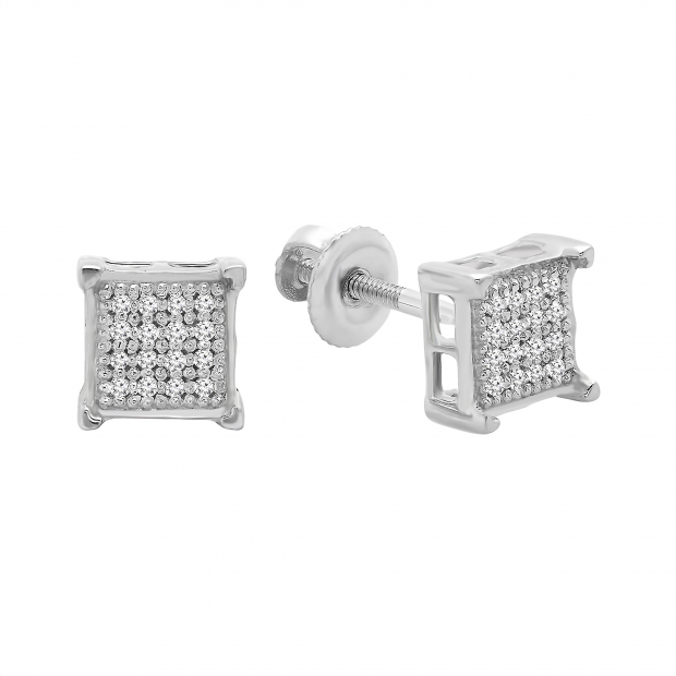 Round White Diamond Square Shape Screwback Unisex Stud Earrings (0.10 ctw, Color I-J, Clarity I2-I3) in 925 Sterling Silver