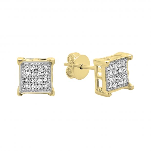 Round White Diamond Square Shape Unisex Stud Earrings (0.10 ctw, Color I-J, Clarity I2-I3) in Yellow Plated 925 Sterling Silver in Push Back