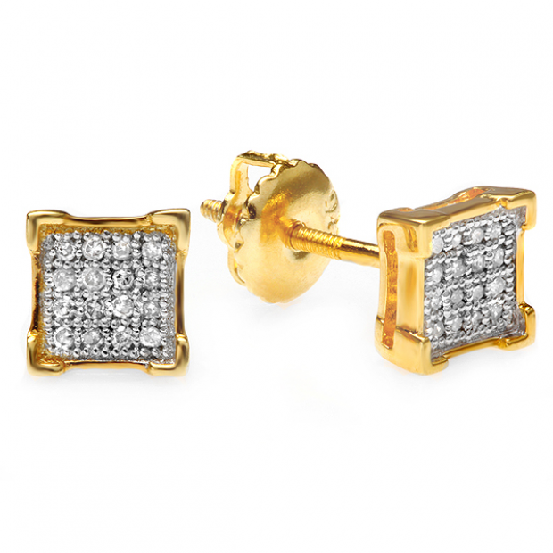 0.10 Carat (ctw) 18k Yellow Gold Plated Sterling Silver Diamond V-Prong Square Mens Hip Hop Iced Stud Earrings