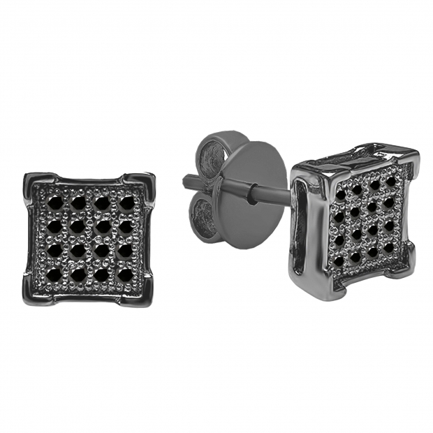 0.10 Carat (ctw) Round Black Diamond V-Prong Square Shape Mens Hip Hop Iced Stud Earrings 1/10 CT Black Plated 10k Gold