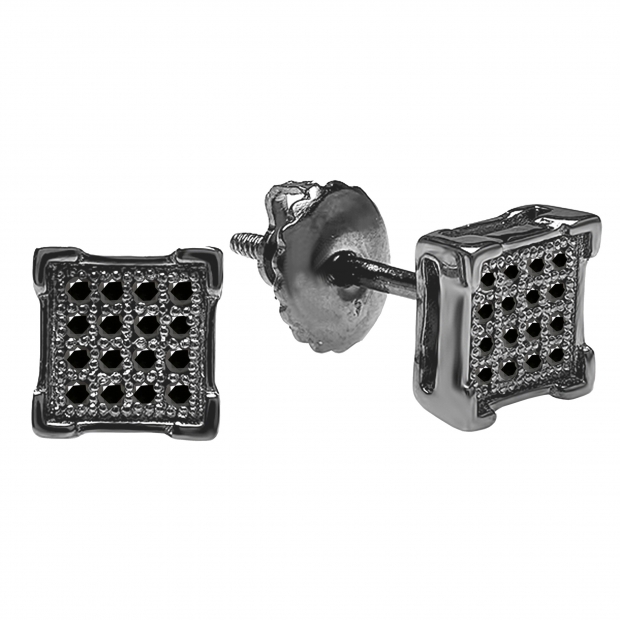 0.10 Carat (ctw) Black Rhodium Plated 14K White Gold Round Black Diamond V-Prong Square Shape Mens Hip Hop Iced Stud Earrings 1/10 CT