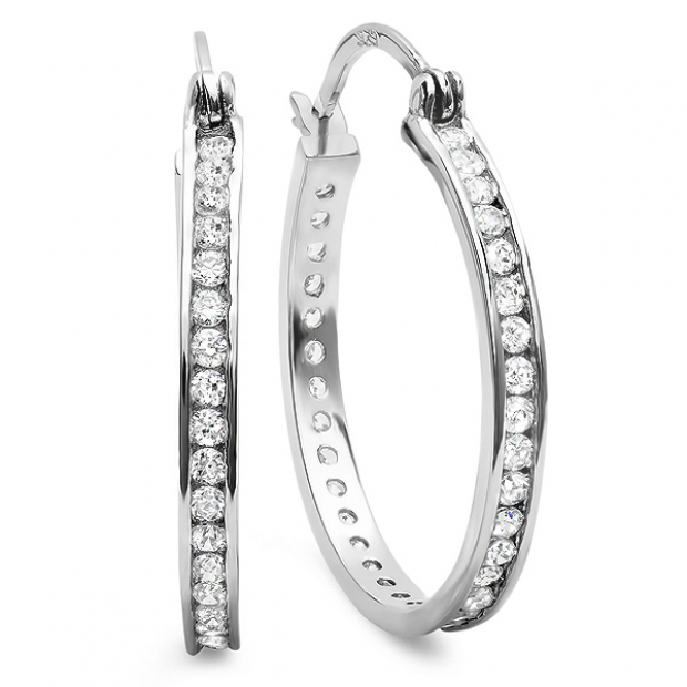 2.00 CT Sterling Silver Round Eternity CZ Cubic Zirconia Ladies Rhodium Plated Hoop Earrings (1.25 inch 2.7mm wide)