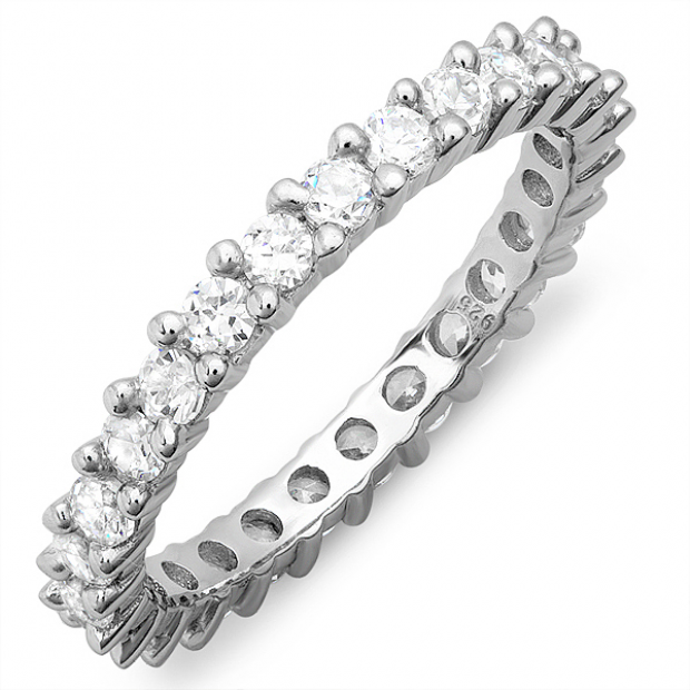 Sterling Silver 3 MM Eternity Band with White Cubic Zirconia CZ Ladies Wedding Anniversary 2.00 CT (Size 8)