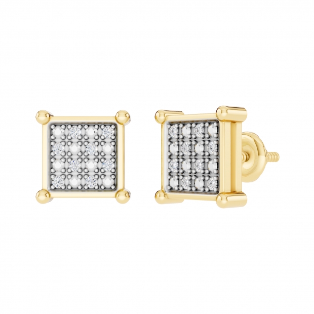 0.10 Carat Round White Diamond 8mm Square Hip Hop Iced Out Studs in 10K Yellow Gold, Screw Back, Unisex Design Ladies, Mens Real Diamond Earrings