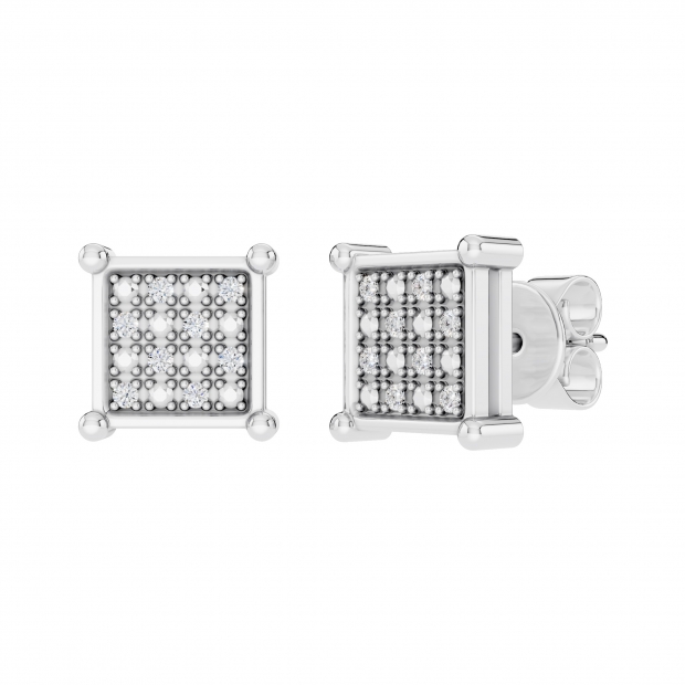 0.10 Carat Round White Diamond 8mm Square Hip Hop Iced Out Studs in 925 Sterling Silver, Push Back, Unisex Design Ladies, Mens Real Diamond Earrings