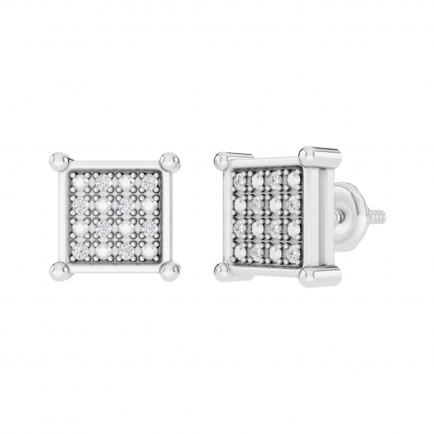 0.10 Carat Round White Diamond 8mm Square Hip Hop Iced Out Studs in 925 Sterling Silver, Screw Back, Unisex Design Ladies, Mens Real Diamond Earrings