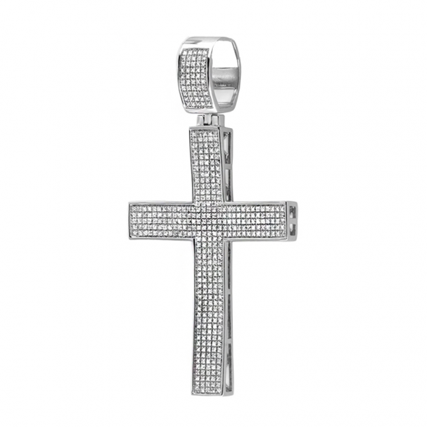 2.00 Carat (ctw) Sterling Silver White Diamond Micro Pave Mens Hip Hop Style Religious Cross Pendant Necklace FREE CHAIN