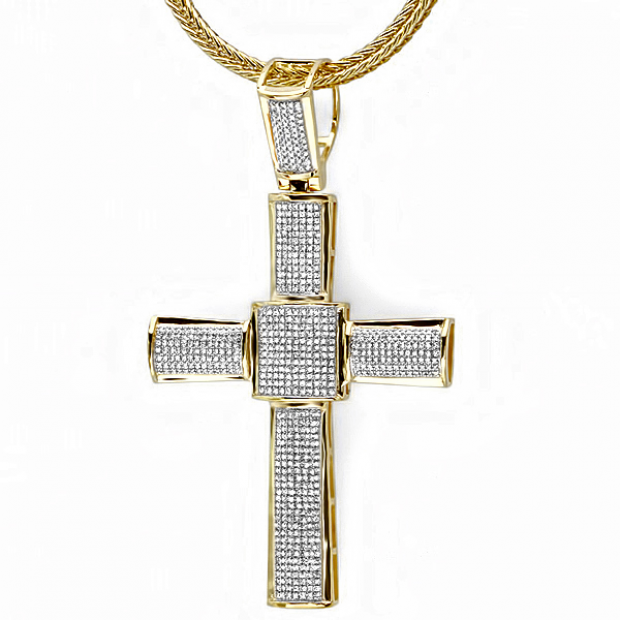 3.00 Carat (ctw) 18K Yellow Gold Plated Sterling Silver White Diamond Micro Pave Mens Hip Hop Style Religious Cross Pendant Necklace FREE CHAIN