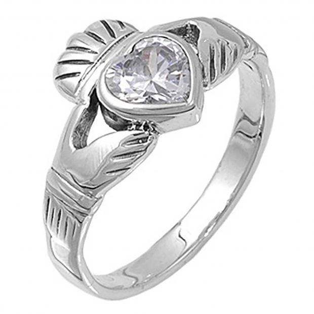 Sterling Silver Ladies Heart Shape Cubic Zirconia CZ Irish Friendship and Love Band Claddagh Ring (Available in size 6 7 8)