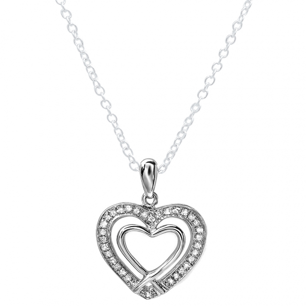 0.20 Carat (ctw) Sterling Silver White Diamond Ladies Double Heart Pendant 1/5 CT