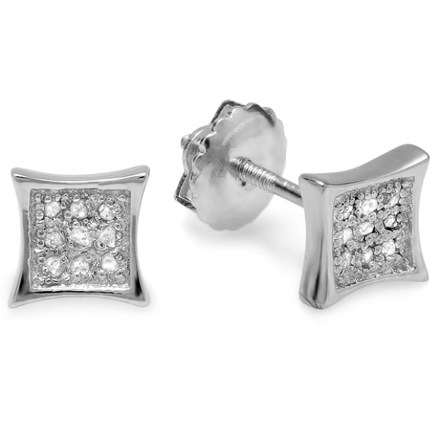 0.10 Carat (ctw) 10K White Gold Round Diamond 5.5mm Kite Shape Mens Hip Hop Iced Stud Earrings 1/10 CT