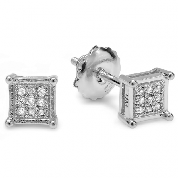 0.10 Carat (ctw) Sterling Silver Round Diamond Square Shape Mens Hip Hop Iced Stud Earrings