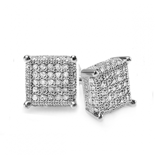 0.25 Carat (ctw) Sterling Silver Real Diamond Mens Ladies Unisex Hip Hop Iced Dice Shape Earrings 1/4 CT (3/4 inch)