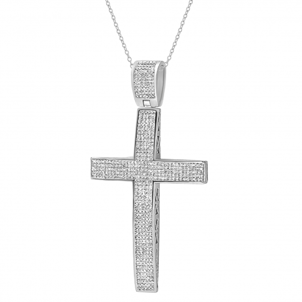 2.00 Carat (ctw) Sterling Silver White Diamond Micro Pave Mens Hip Hop Style Religious Cross Pendant Necklace FREE CHAIN