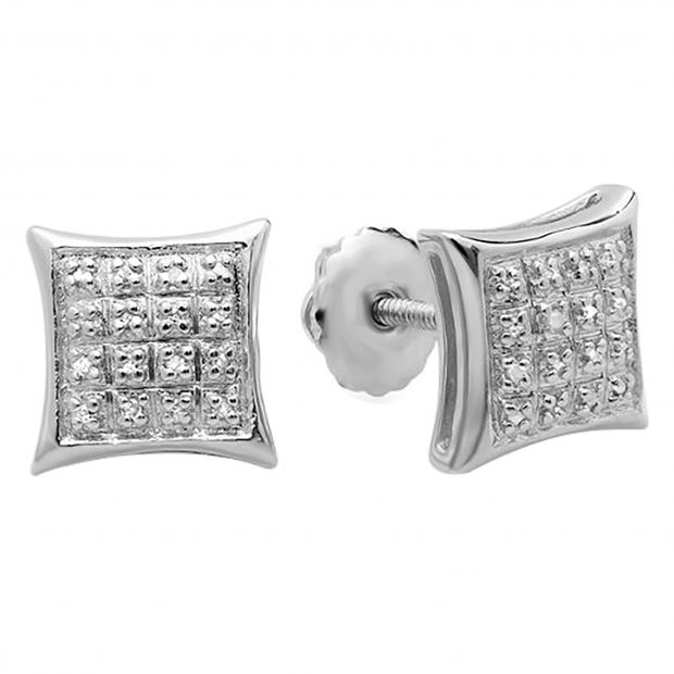 0.15 Carat (ctw) 10K White Gold Real Diamond Dome Kite Shape Mens Ladies Hip Hop Iced 9 mm Stud Earrings