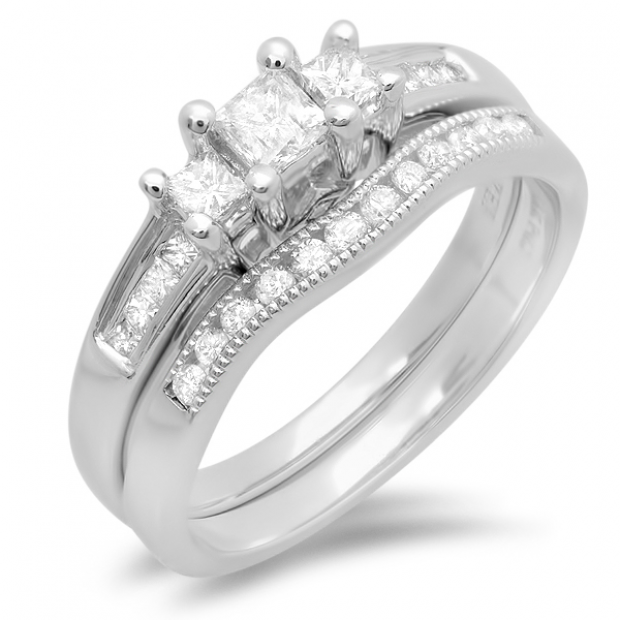 0.75 Carat (ctw) 14k White Gold Princess and Round Diamond Ladies Bridal 3 Stone Engagement Ring Matching Wedding Set