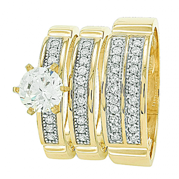 Gold Trio Sets with 6 prong round Cubic Zirconia Head Men & Women