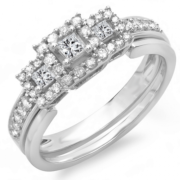 0.55 Carat (ctw) 14k White Gold Round & Princess Cut Diamond 3 Stone Ladies Engagement Bridal Ring Matching Wedding Band Set