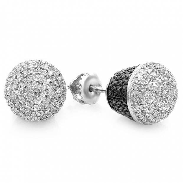 0.60 Carat (ctw) Sterling Silver Real Diamond Cupcake Shape Two Tone Mens Ladies Hip Hop Iced 10 mm Stud Earrings