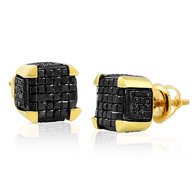 1.25 Carat (ctw) 10K Yellow Gold Black Diamond Princess Cut Dice Hip Hop Ice Cube Earrings