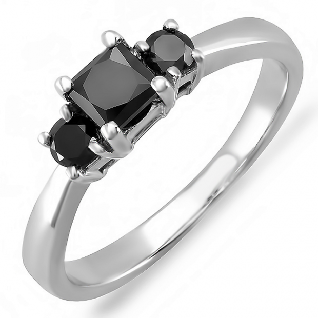 0.75 Carat (ctw) 14K White Gold Princess & Round Black Diamond Ladies Bridal 3 Stone Engagement Ring 3/4 CT