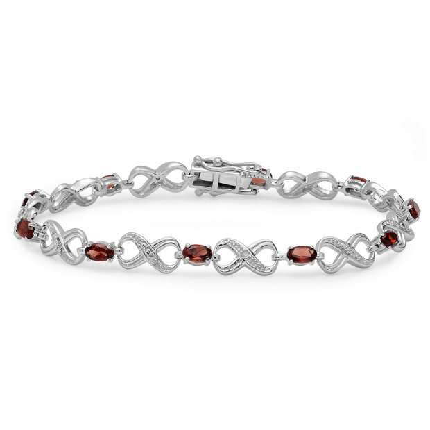 2.75 Carat (ctw) Sterling Silver Real Oval Cut Garnet & Round Cut White Diamond Ladies Infinity Tennis Bracelet