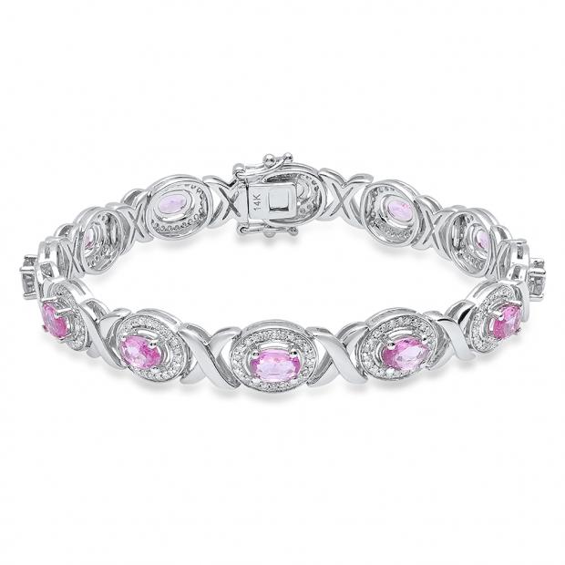 14K White Gold Oval 4X6 MM Pink Sapphire & Round White Diamond Ladies Tennis Bracelet