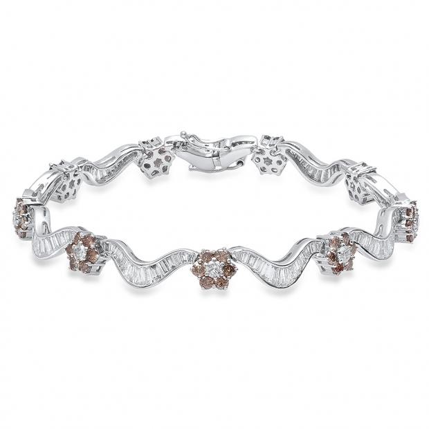 7.61 Carat (ctw) 18K White Gold Round & Baguette White & Champagne Diamond Ladies Tennis Bracelet