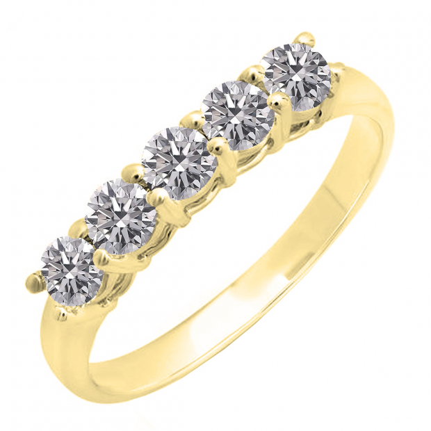 0.85 Carat (ctw) 10K Yellow Gold Round Lab Grown Diamond 5 Stone Ladies Wedding Band Ring