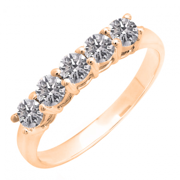 0.85 Carat (ctw) 14K Rose Gold Round Lab Grown Diamond 5 Stone Ladies Wedding Band Ring