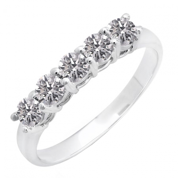 0.85 Carat (ctw) 18K White Gold Round Lab Grown Diamond 5 Stone Ladies Wedding Band Ring
