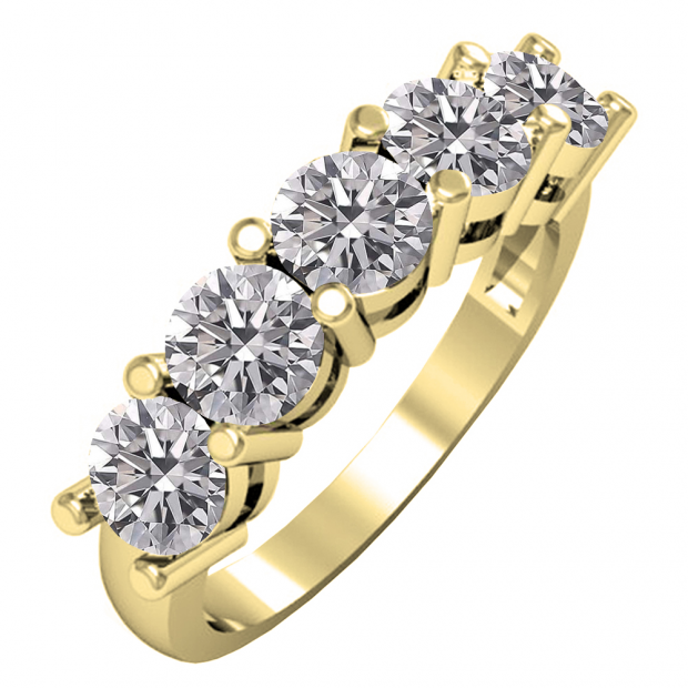 2.00 Carat (ctw) 10K Yellow Gold Round Lab Grown White Diamond Ladies 5 Stone Wedding Ring 2 CT