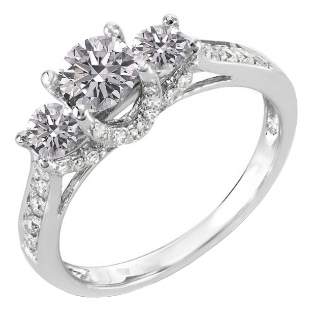 0.98 Carat (ctw) 10K White Gold Round Lab Grown Diamond 3 Stone Ladies Engagement Ring 1 CT