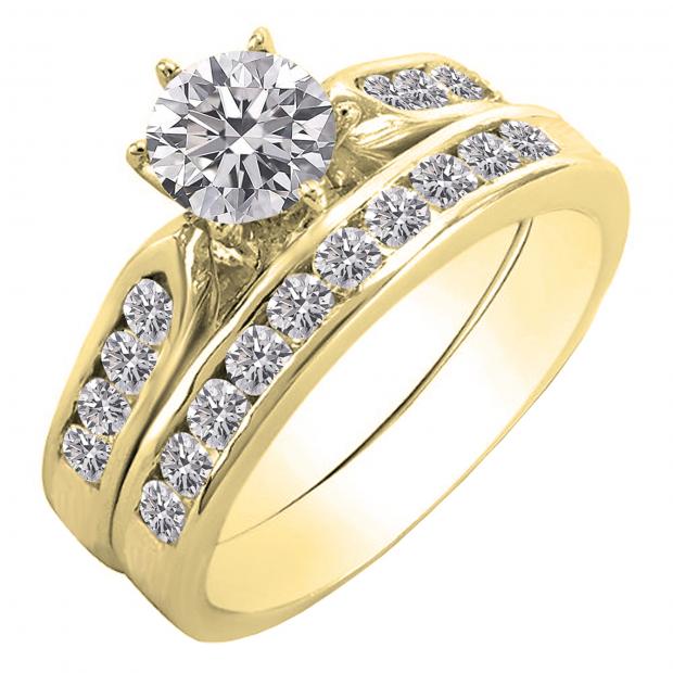 1.00 Carat (ctw) 14K Yellow Gold Round Diamond Ladies Engagement Band Ring Set 1 CT