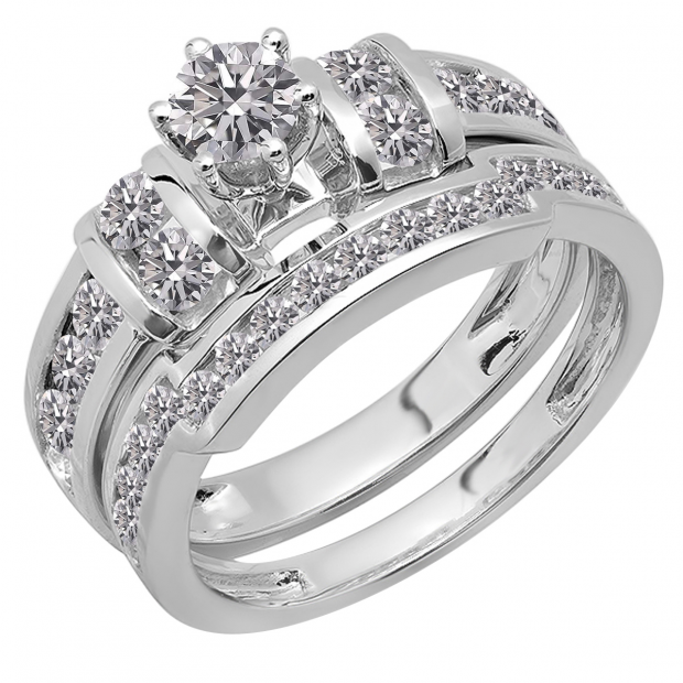 1.80 Carat (ctw) 18K White Gold Round Lab Grown Diamond Ladies Bridal Engagement Ring Set