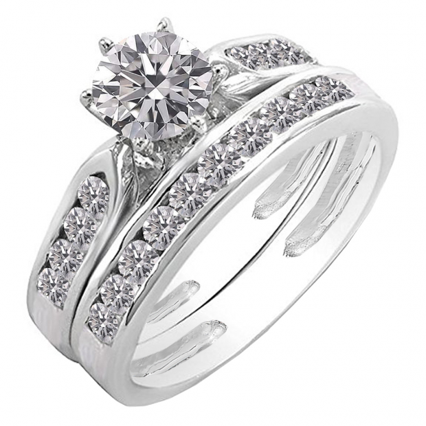 0.95 Carat (ctw) 18K White Gold Round Lab Grown White Diamond Ladies Engagement Ring Set 1 CT