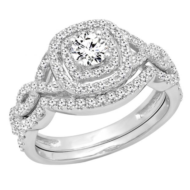 1.00 Carat (ctw) 14K White Gold Round Lab Grown White Diamond Ladies Halo Engagement Ring Set 1 CT
