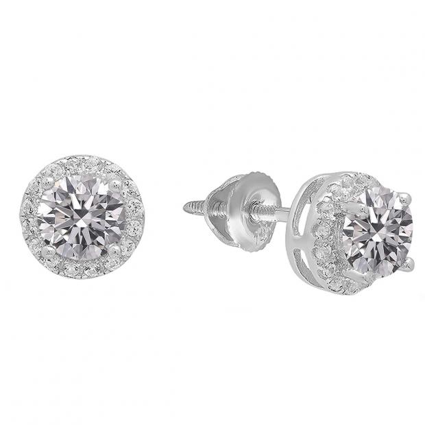 1.65 Carat (ctw) Sterling Silver Round Lab Grown White Diamond Ladies Halo Fashion Stud Earrings