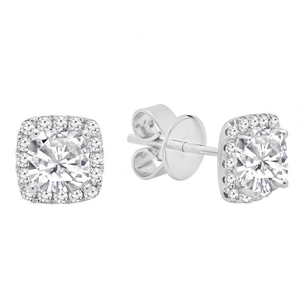 0.85 Carat (ctw) 18K White Gold Cushion & Round Lab Grown Diamond Ladies Halo Stud Earrings