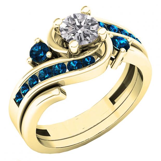 0.95 Carat (ctw) 14K Yellow Gold Round Blue & Lab Grown White Diamond Ladies Ring Set 1 CT