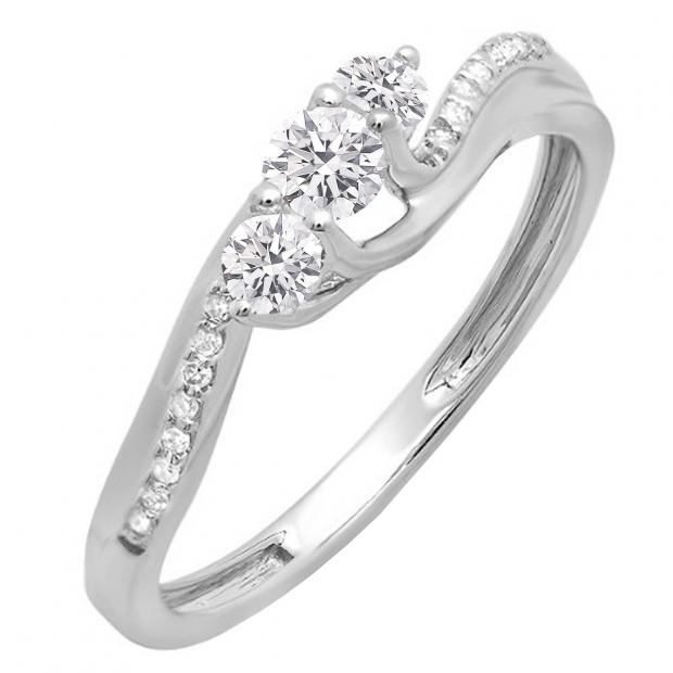 0.50 Carat (ctw) 10K White Gold Round Lab Grown White Diamond 3 Stone Ladies Engagement Ring 1/2 CT