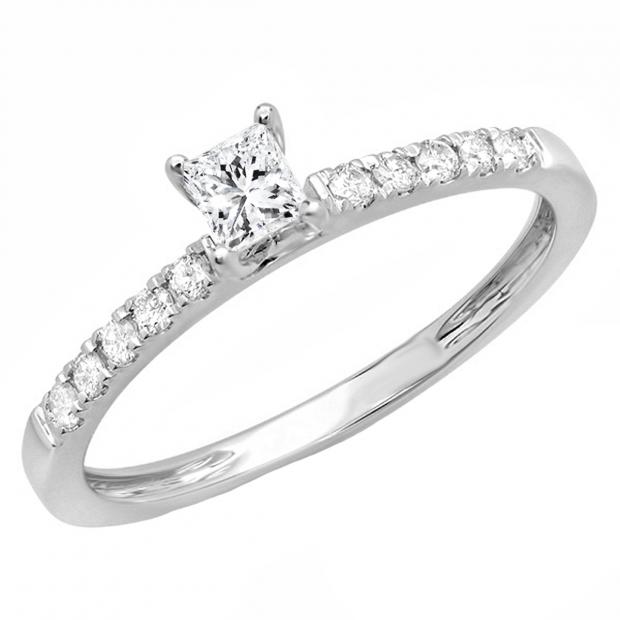 0.45 Carat (ctw) 10K White Gold Princess and Round Lab Gown Diamond Ladies Engagement Ring 1/2 CT