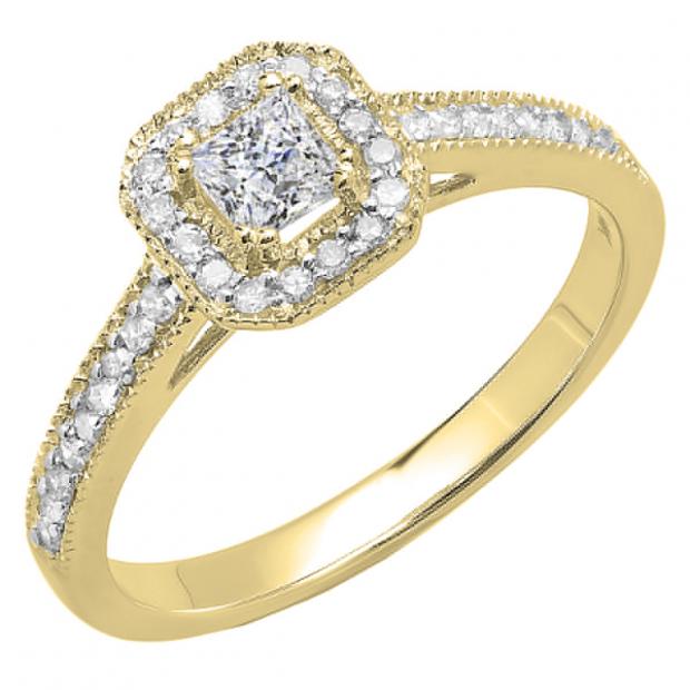 0.50 Carat (ctw) 10K Yellow Gold Princess & Round Lab Grown Diamond Ladies Engagement Ring 1/2 CT